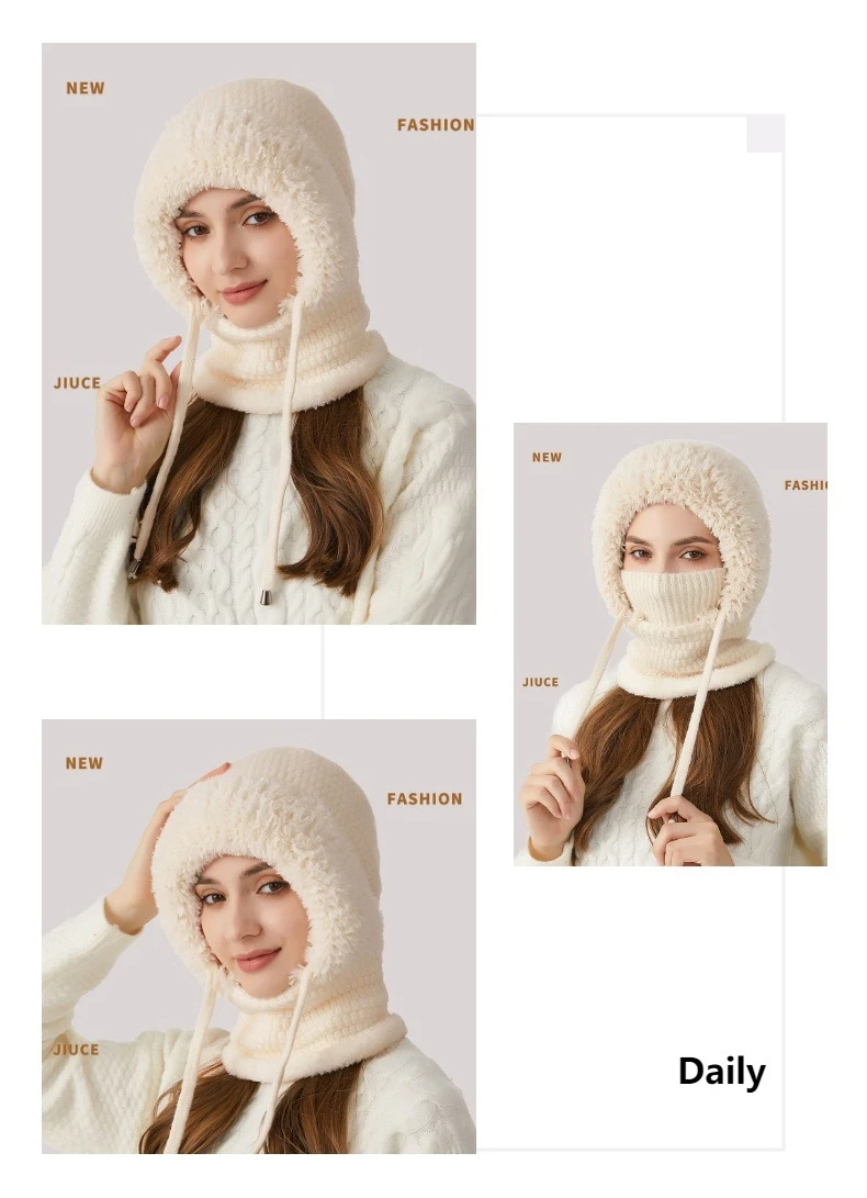 S039f408f773940f096dd5960ac1769a3X Big Head Fit One-piece Hat Women Winter Padded Thickened Face Covering Knitted Hat Neck Mask Warm Large Size Soft Mallzona