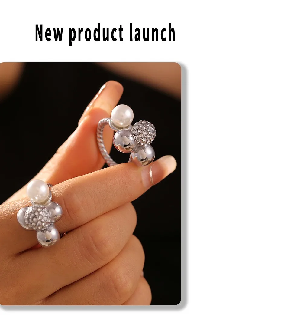 Modischer Imitationsperlen-Ring für Damen, Edelstahl Vergoldet, Hohl, Unregelmäßig, Vintage-Stil, Mädchen-Schmuck-Accessoires – Detail 7