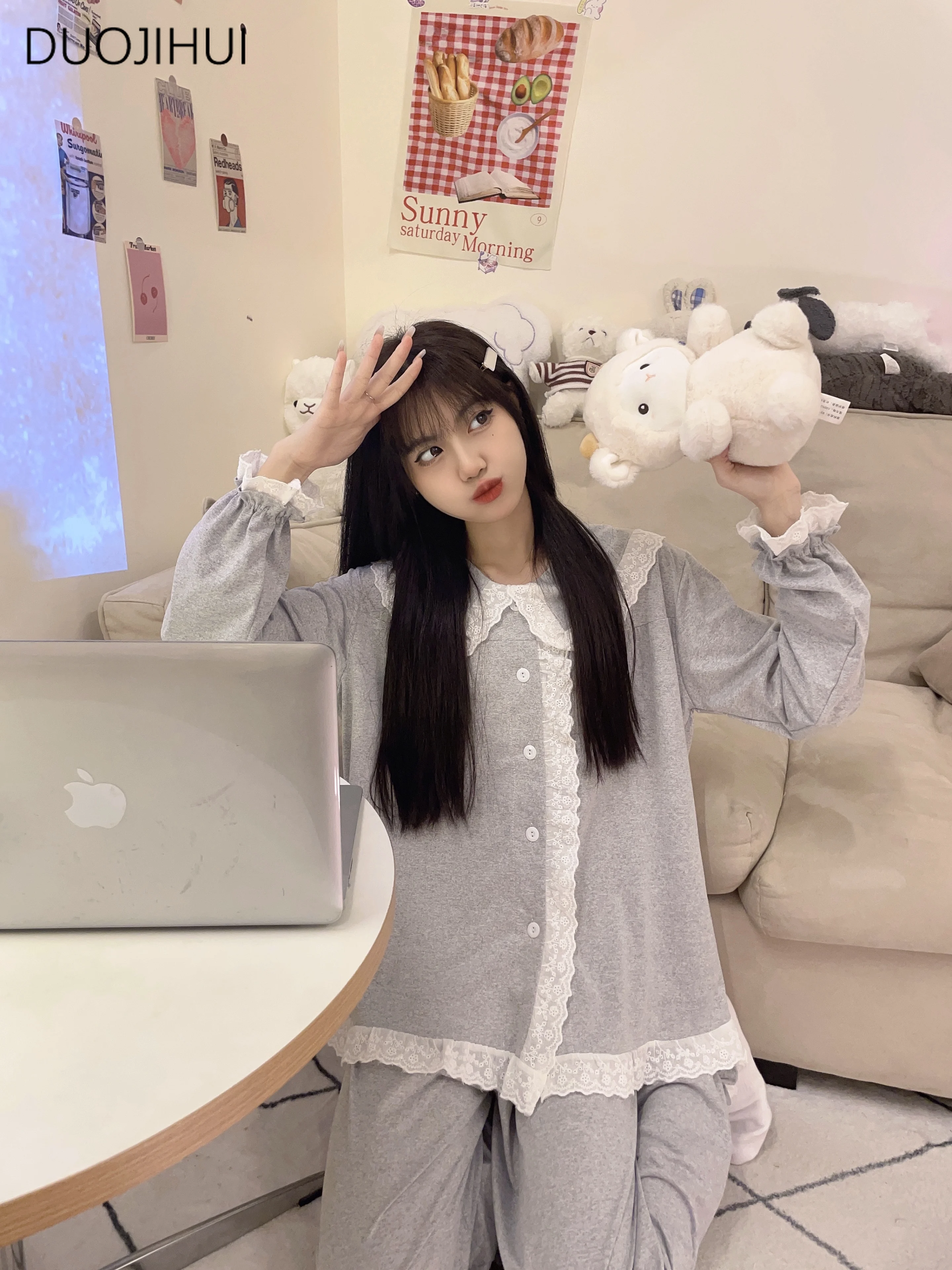 DUOJIHUI Korean Two Piece Sweet Lace Female Pajamas Sets Spring Chicly Button Cardigan Simple Pant Casual Home Pajamas for Women
