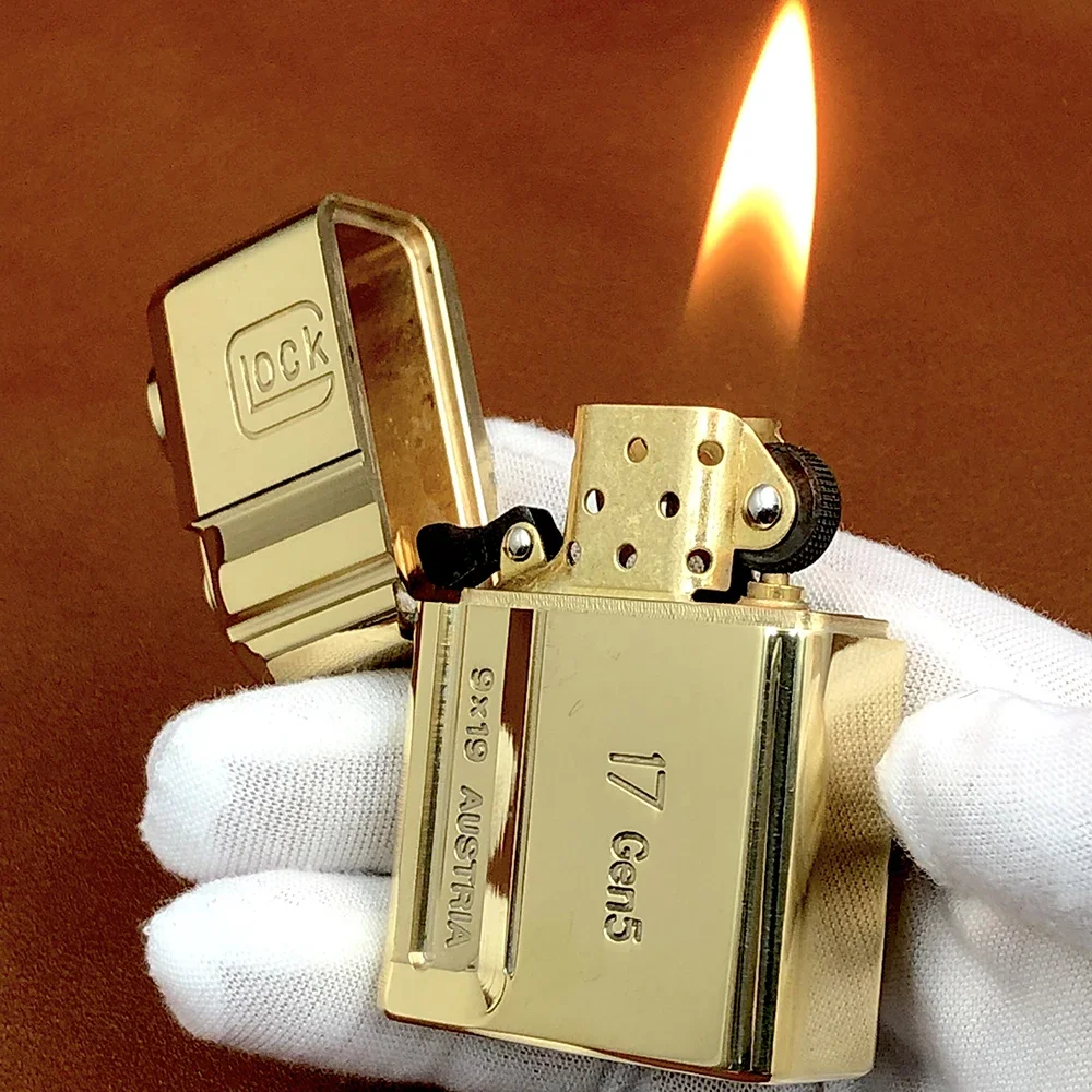 

Brass Pure Copper Glock G17 Heavy Armour Punk Kerosene Lighter Sealed Oil Machine Waterproof and Windproof Toy Collection Gift