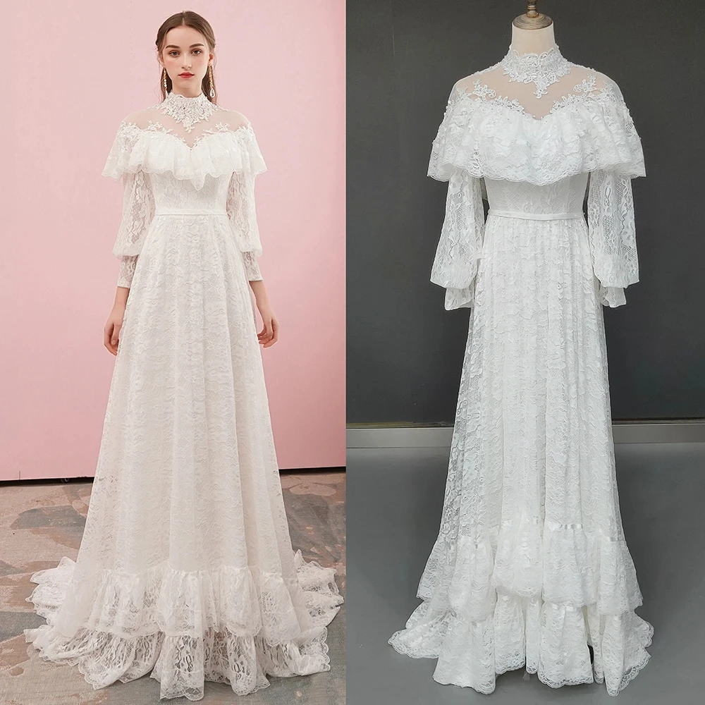 Vintage High Neck Lace Wedding Dress with Short Sleeves, See Through Bridal Dresses UQ1786