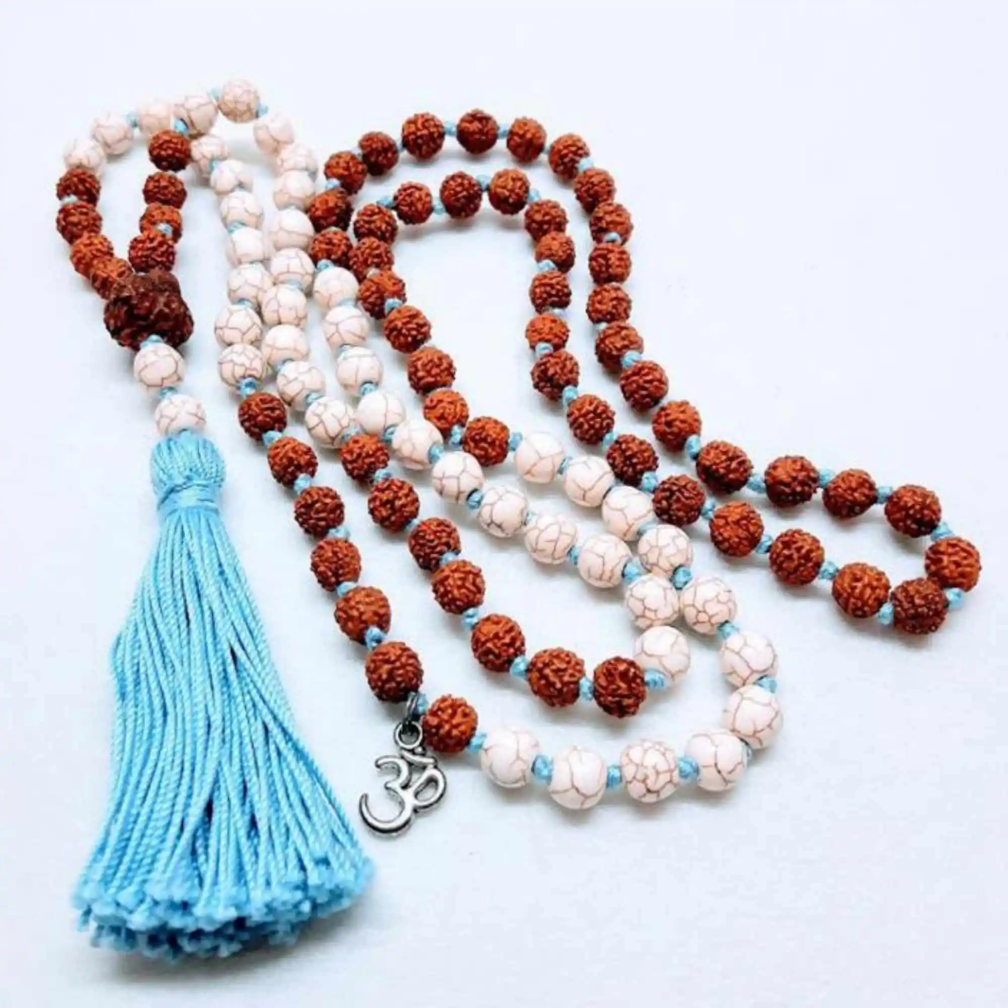 

8mm Natural Rudraksha howlita white turquoise beads necklace Inspiration Taseel Yoga Easter Healing Elegant Wrist Relief Energy