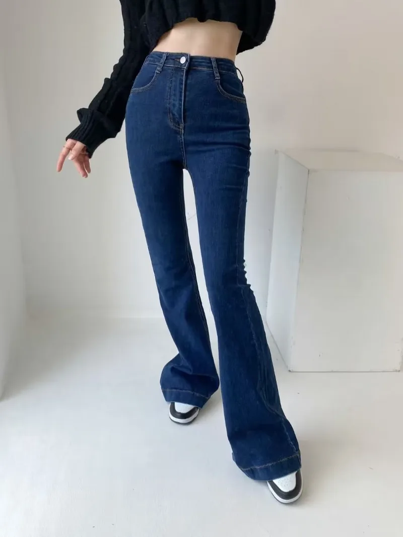 Pantalones vaqueros acampanados de verano para mujer, pantalones vaqueros largos ajustados, pantalones vaqueros elásticos azules de moda Y2K, pantalones vaqueros de cintura alta 2025