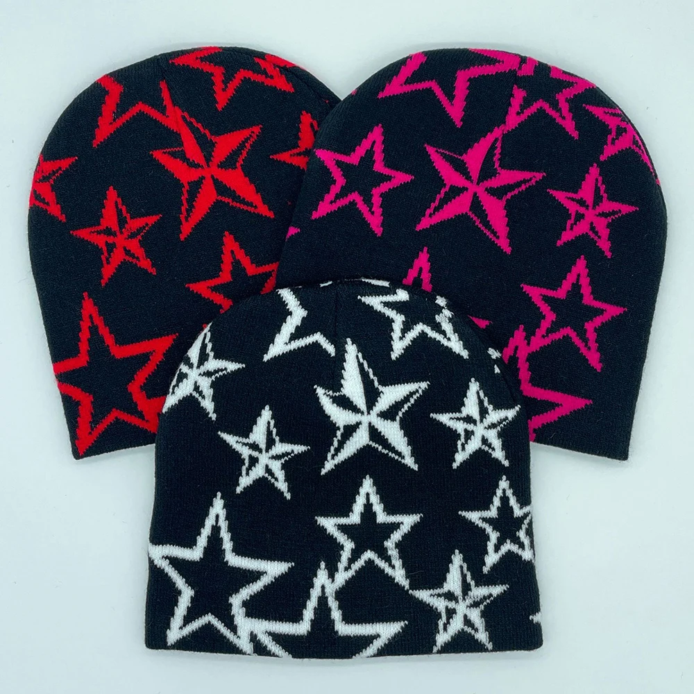 

Fashion Knitting Star Printed Cap Men Women Pullover Pile Cap Paragraph Quality Beanie Y2k Warm Ins New Soybean Hip Hop Cap