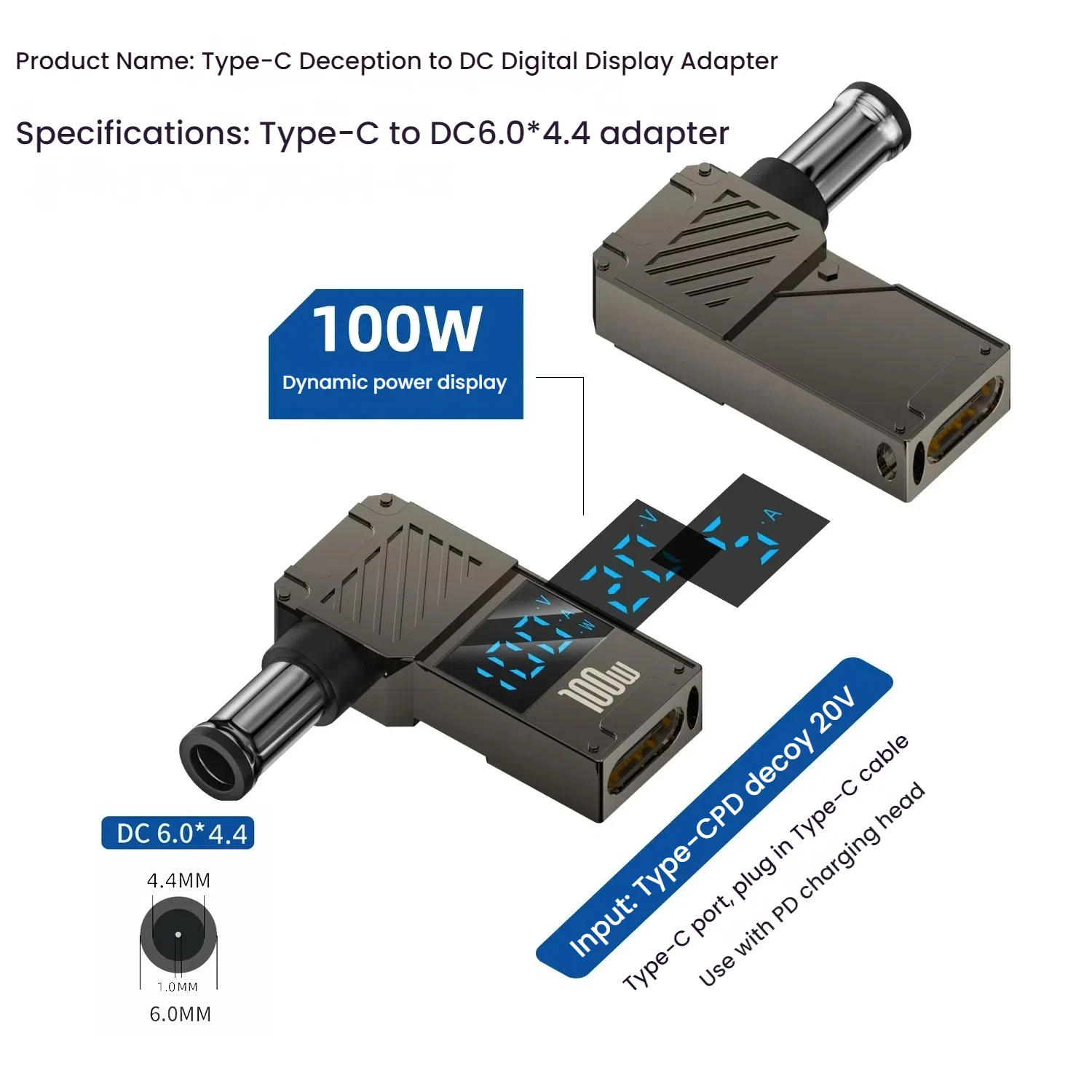 100W Laptop Power Charger Converter - Type-C to DC Male Adapter