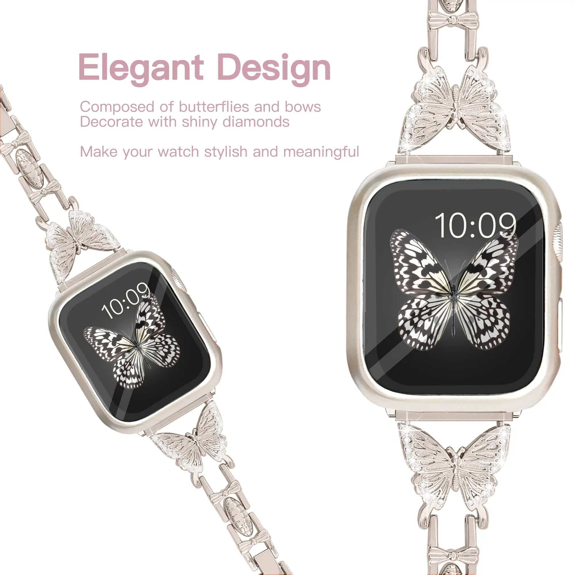 Elegant Diamond Butterfly Metal Bracelet Watch Strap