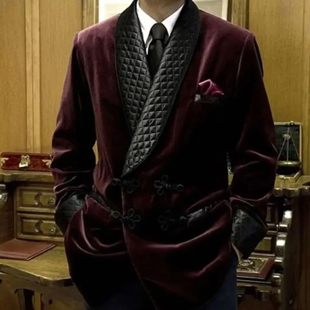 Burgundy Velvet Double Breasted Men Suit One Piece Black Shawl Lapel Design Smoking Jacket Costume Loose Daily Blazer men suits jackets