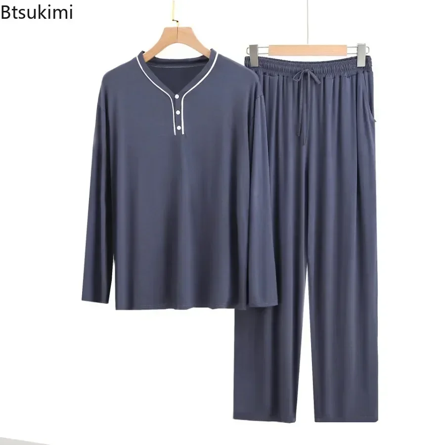 Modal Pajama Sets Men's Long Sleeve Henley Shirt Tops and Pants Home Two Pieces Soft Cozy Sleepwear Outfits Loungewear Male pajamas set man pajamas set