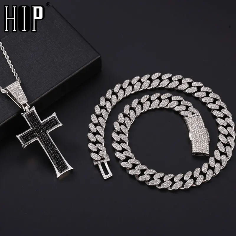 

Цепочка с кубинским крестом для мужчин и женщин, ожерелье в стиле хип-хоп, сверкающее черное ожерелье в металлическом стиле, Рэперы