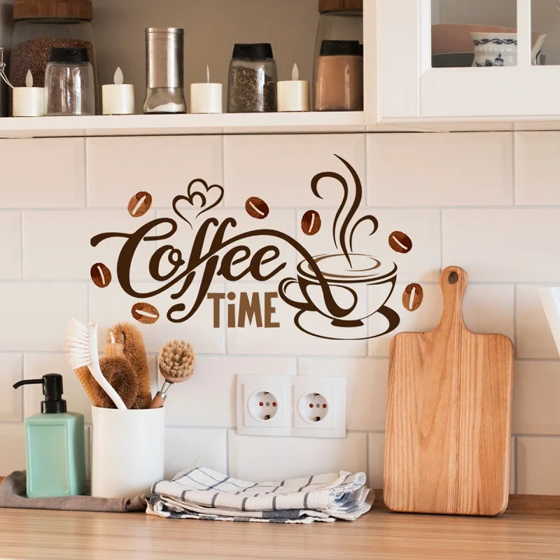 Simple English Slogan Coffee Time Wall Sticker,Cafe Living Room Water Bar Home Decor Coffee Wall Sticker Self-adhesive
