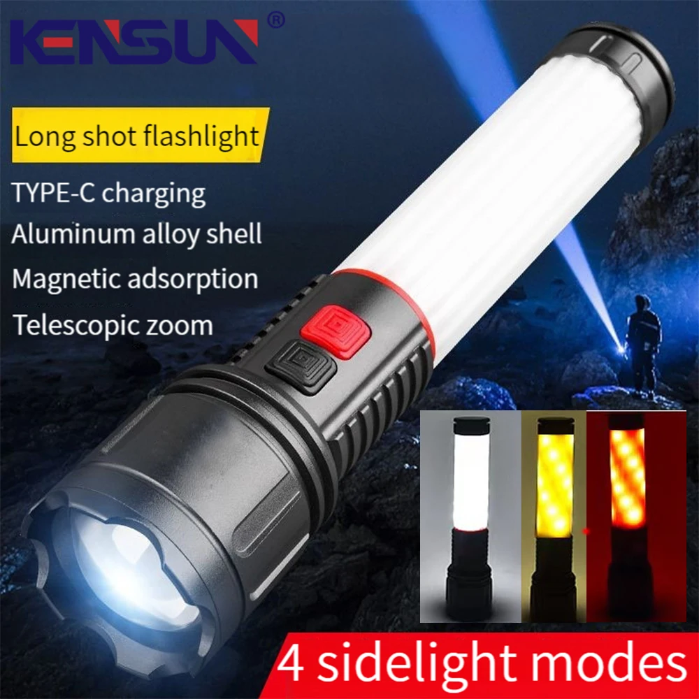 

New Long Range LED Flashlight Rechargeable Zoom Torch Powerful Spotlight Lamp With Magnet Camping Lantern Built in Li-Battery