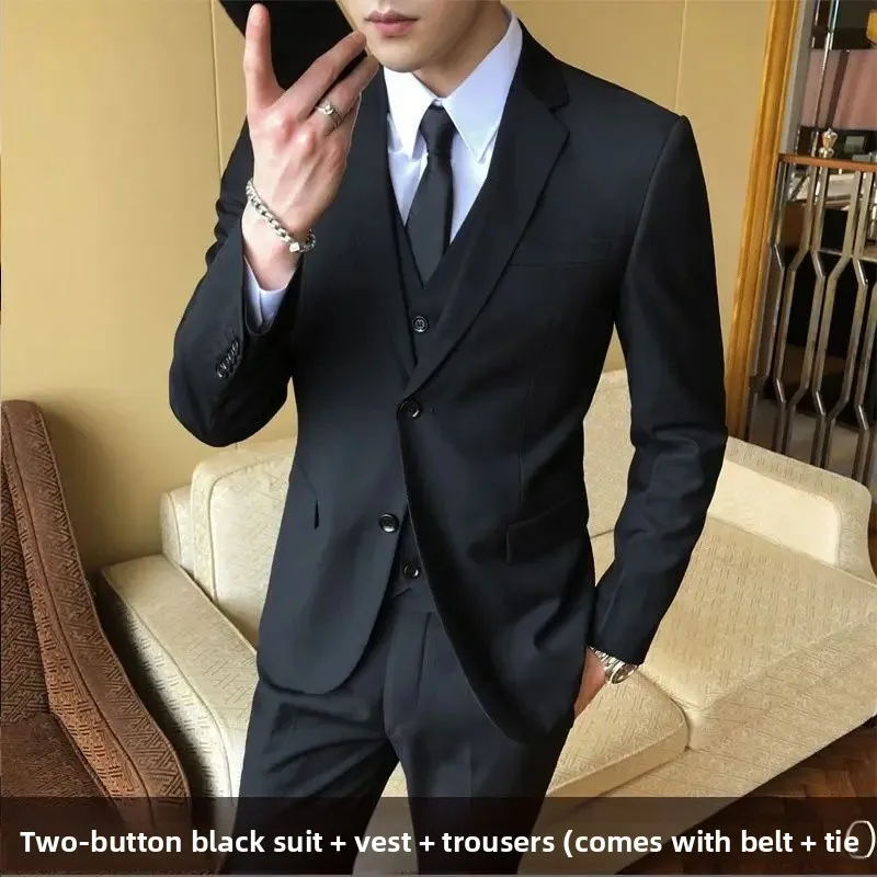 Two-button black suit + vest + pants + tie belt