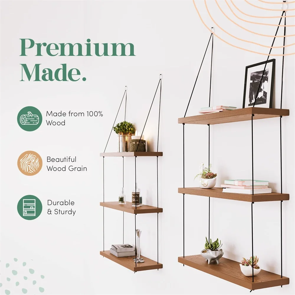 Wood Floating Shelf 3 Tier For Wall Cute Boho Plants Shelves Plant Shelves for Bedroom Living Room Decor Macrame Floating Shelf 4