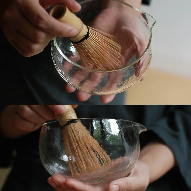 Handcrafted Textured Glass Matcha Bowl with Pouring Spout - Japanese Style Green Tea Ceremony Chawan, 400ml