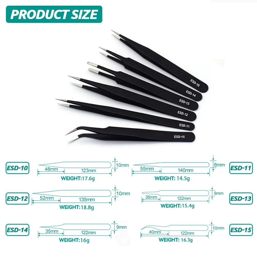 Precision Tweezers ESD Anti Static Tweezers Tweezer Tool ESD Anti-Static Precision Tweezers Kit Stainless Steel Maintenance Repair Tool Set Anti Static Model Making Tool Hand Set