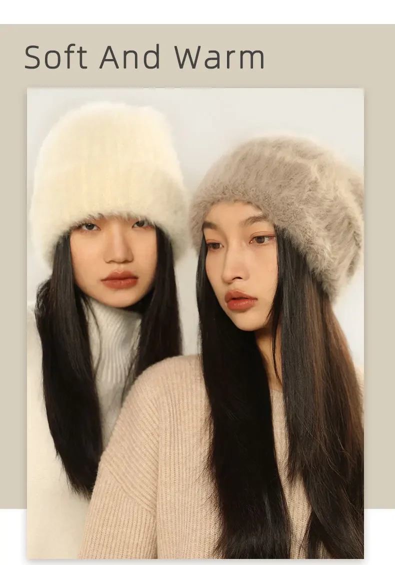 Autumn Winter Women's Wool Soft Fur Warm Oversize Knitted Sullies Cap Outdoor Leisure Solid Beanie Hat Bonnet Gorras_voghion.com