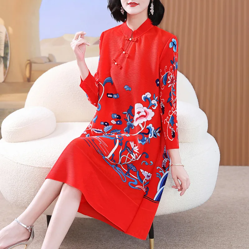 

Vintage Dress Red For Women 45-75kg Autumn Chinese Style Stand Collar Loose Stretch Miyake Pleated Printed Improved Cheongsam