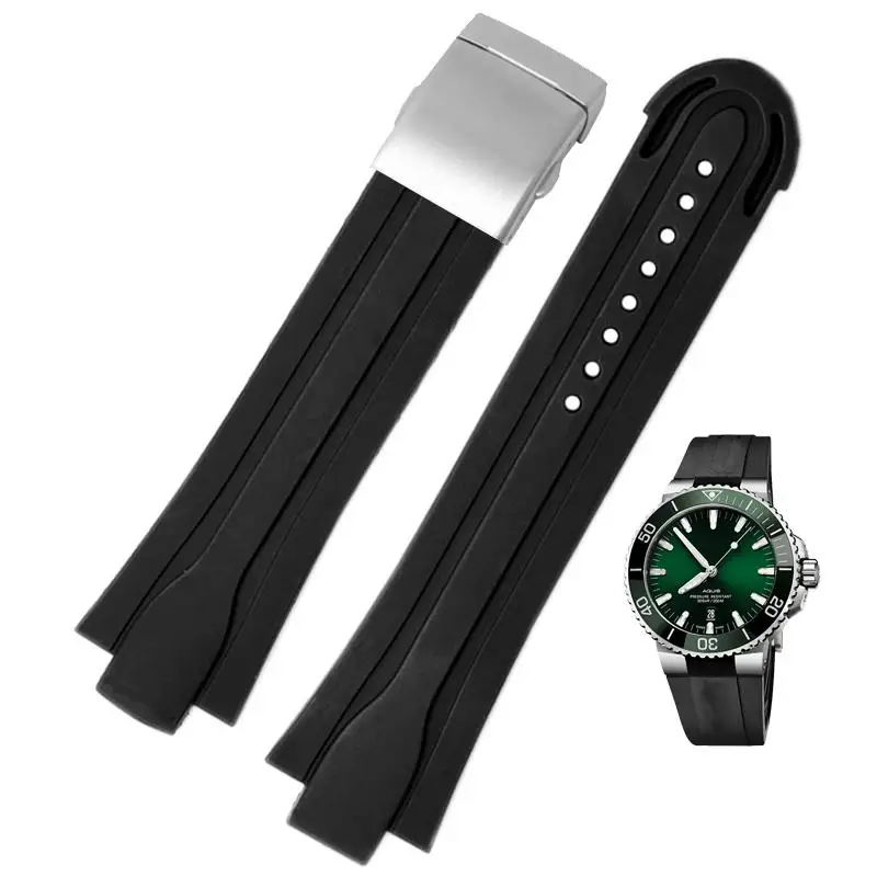 

PCAVO 24mm*12mm Lug End Rubber Waterproof Watchband For Oris Wristband Silicone Watch Strap Stainless Steel Folding Clasp