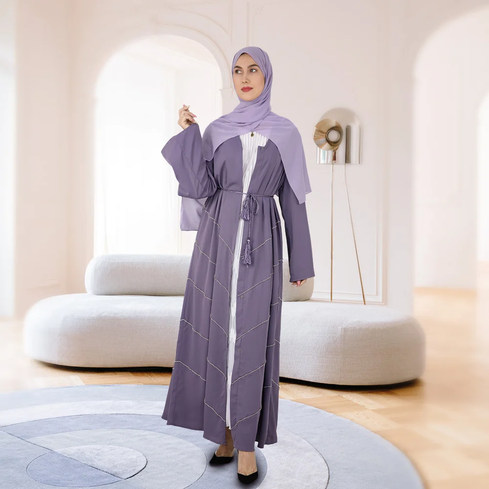 Middle East Dubai Cardigan Solid Color Beaded Dress Gown Fashion Open Abaya Kimono Robe Mariage Musulmane Kaftan Femme