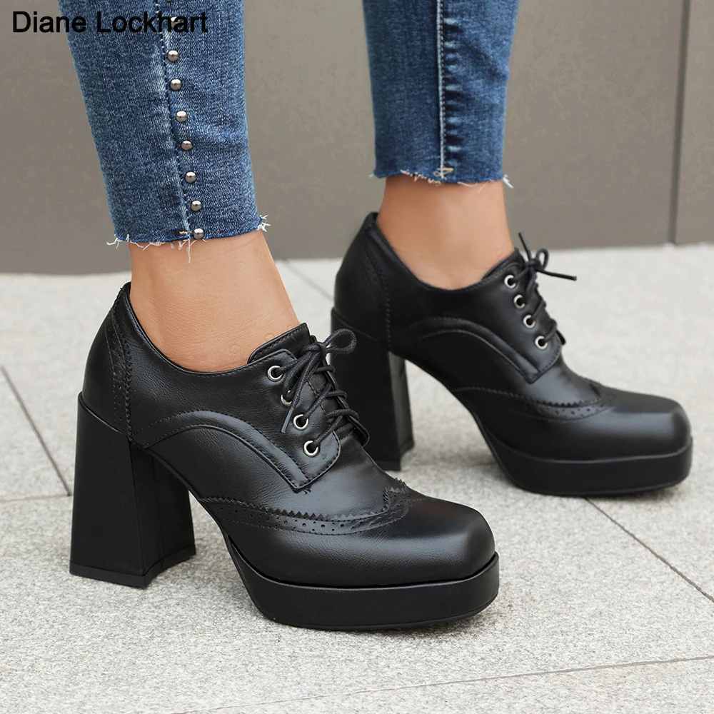 

2024 New British Women Platform Pumps Square Toe Chunky Block High Heel Derby Brogues Casual Lace-up Oxfords Lady Shoes Vintage