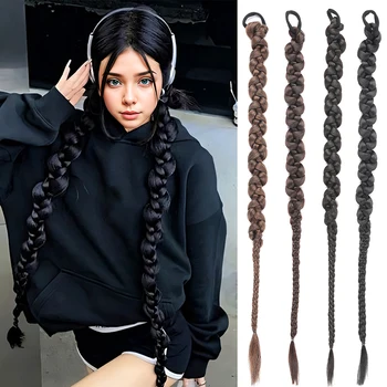 Long Braiding Synthetic Hair Extensions 2 Pieces Set Twisted Ponytail Extension with Rubber Bands Double Fishtail Braided 1