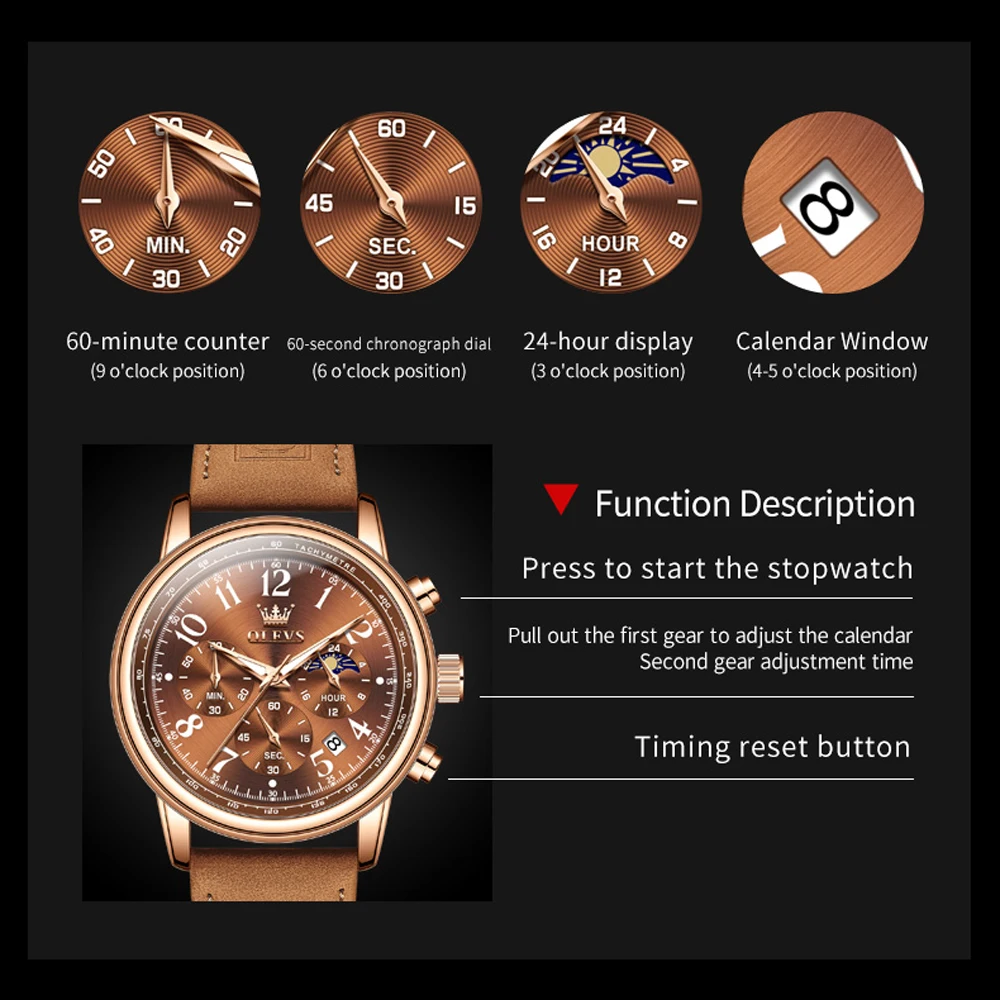 OLEVS New Brown Quartz Watch for Men Sports Leather Waterproof Luminous Classic Mens Watches Top Brand Luxury Wristwatch Reloj