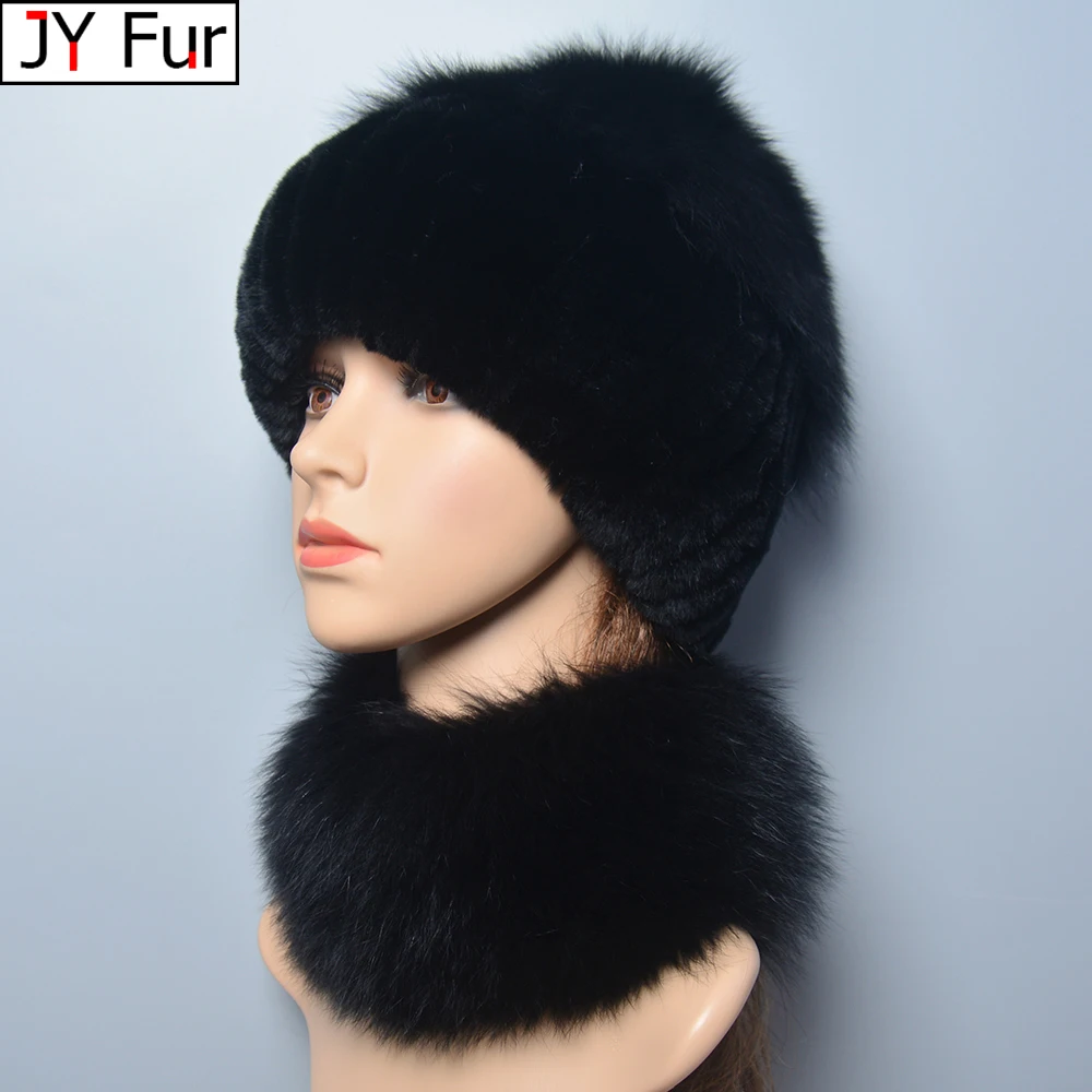 

Hot Sale Winter Women Luxury Real Fox Fur Hat Scarf Sets Lady Natural Rex Rabbit Fur Hats Knitted Fox Fur Cap Scarves 2 Pieces