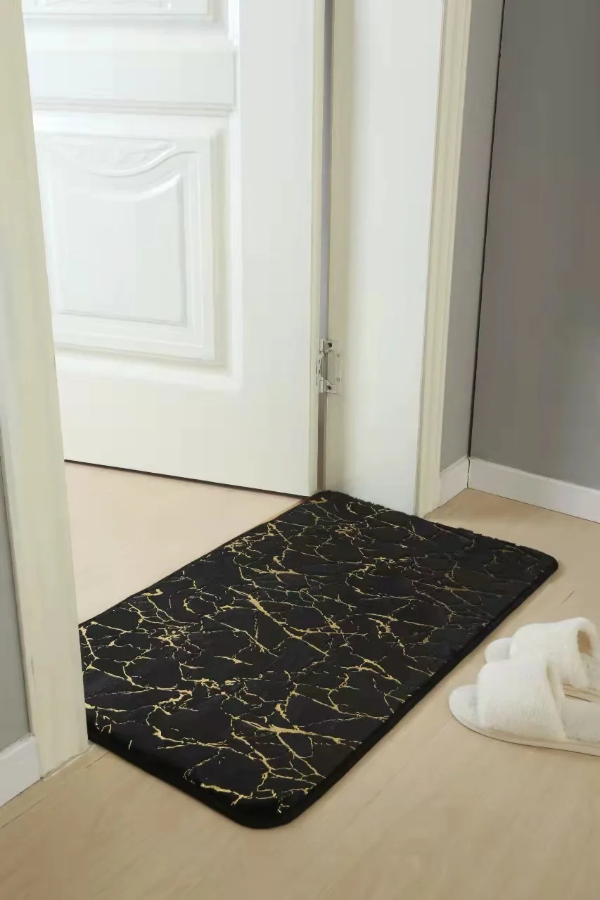 A soft, faux rabbit fur rectangular bath mat in a modern living room setting.