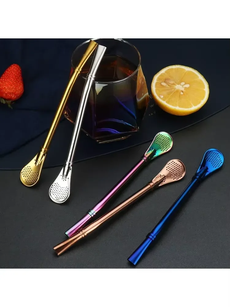 304 Stainless Steel Tea Drinking Straws Spoon Yerba Mate Tea Filter Reusable Bombilla Gourd Tools Bar Accessories Colorful