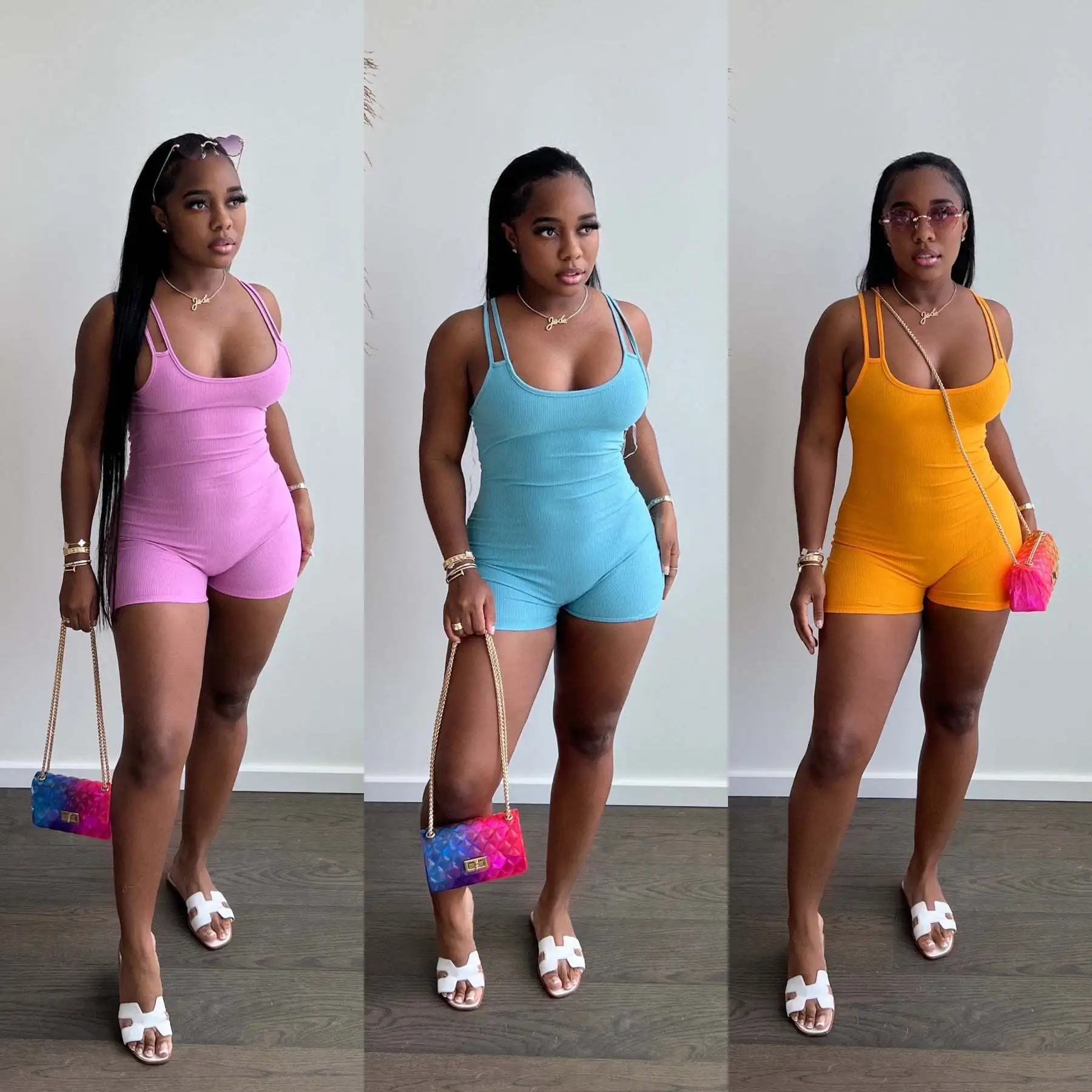 

Casaul Women Knit Ribbed Jumpsuit Slim Bodycon High Streetwear Sporty Skinny Short Romper Women Jumpsuit Overalls