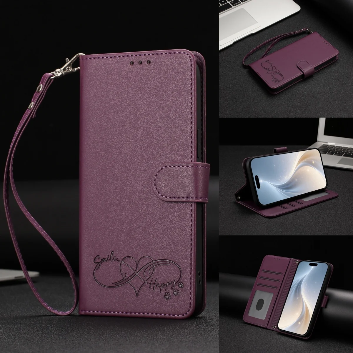 Leather Stand Wallet Phone Case with Card Holder and Strap