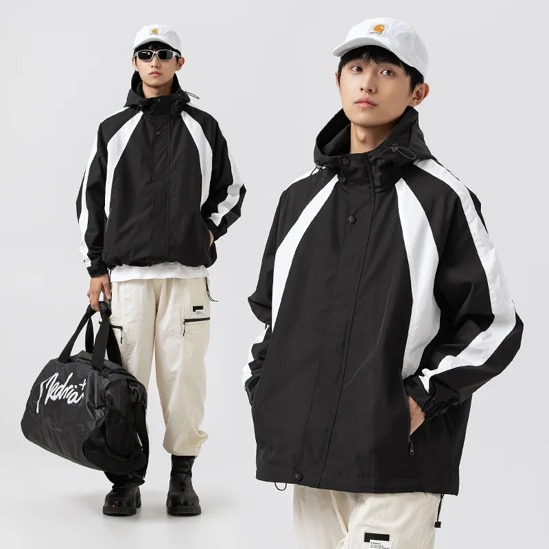 

Men's fall patchwork contra overalls hooded jacket outdoor hardshell jacket