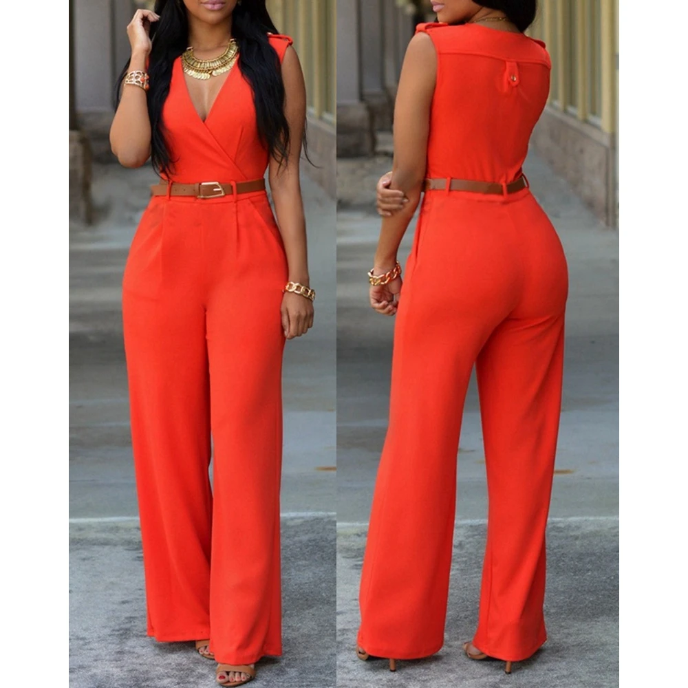 Summer Women Sleeveless Plunge Wide Leg Jumpsuit V Neck Overalls Causal Female One-pieces Office Lady Outfits Elegant Workwear