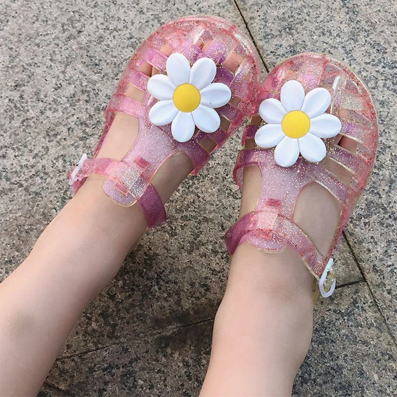 Little Girls Jelly Sandals Soft Sole Closed Toe Hollow 3D Daisy Beach Summer Shoes Princess Flat