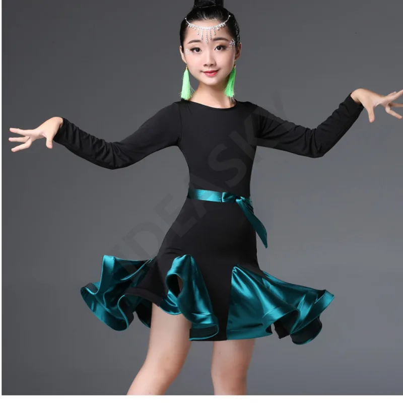 Dance Dress Ballroom Ruffle Floral Latin Salsa Tango Cha Cha For Girl Kids Children Competition Performance Practice Skirt