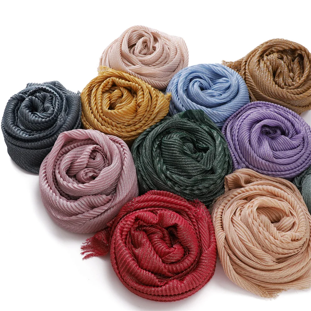 24 Colors Fashion Lurex Glitter Pleated Viscose Shawl Scarf Women High Quality Shimmer Wrap Pashmina Stole Bufandas Muslim Hijab designer brand warm pleated scarf women cashmere solid color shawls wraps pashmina hijab headscarf long bufandas female foulard