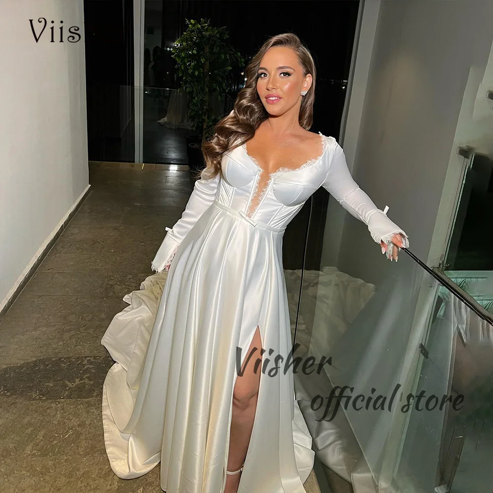 

Viisher White Long Wedding Dresses Full Sleeve Lace Satin Side Split Bridesmaid Wedding Gown with Train Israel Civil Bride Dress