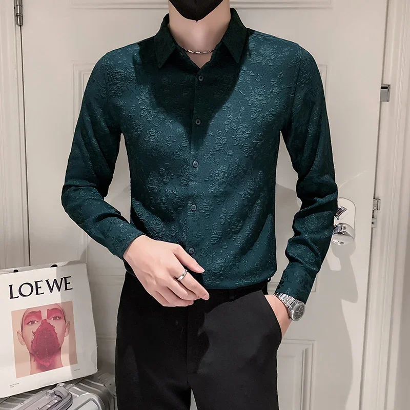 

Luxury Vintage Jacquard Shirt 2023 Long Sleeve Slim Fit Casual Tuxedo Fashion Man Wedding Social Shirts Plus Size 4XL-M