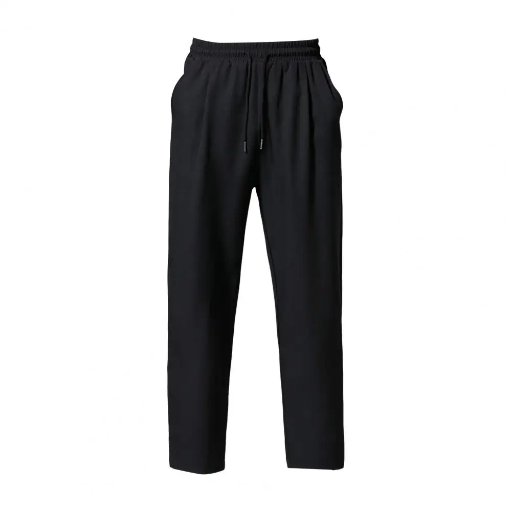 Men's Casual Ankle-Length Pants Solid Color Straight Wide-Leg Trousers Elastic Waist Ice Silk Breathable Quick-Dry Baggy Cargo S