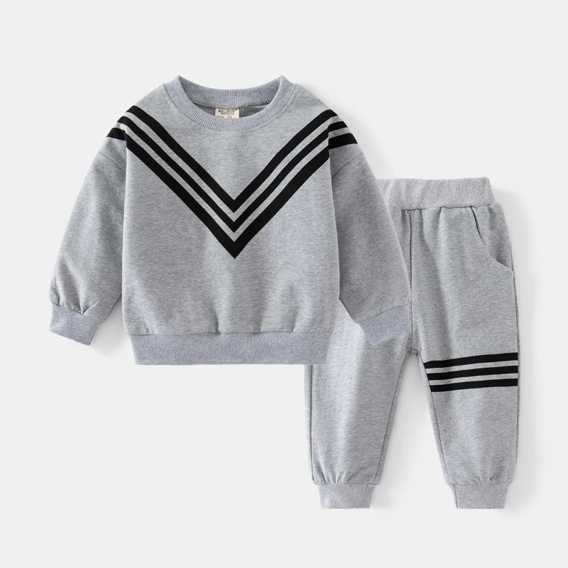 

Autumn New Boys' V-shaped Pattern Long-sleeved Suit Casual Navy Blue Gray Round Neck Sports Sweater Two-piece Set Baby Clothes