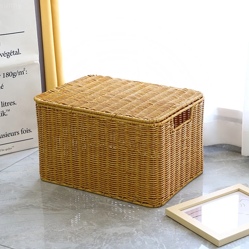 Baskets with Lid Storage Box Cover Closet Organizer Imitation Rattan Baskets  for Clothing Clothes Food  Kitchen  Organizer 5
