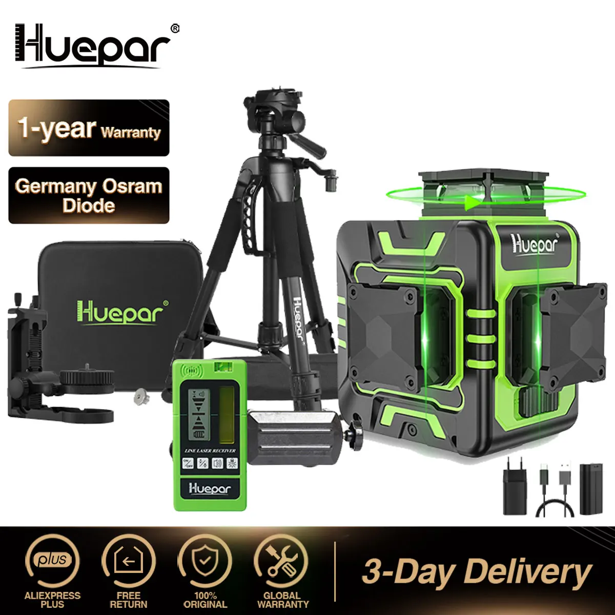 Huepar P04CG - 4 x 360° Self-Leveling Cross Line Laser