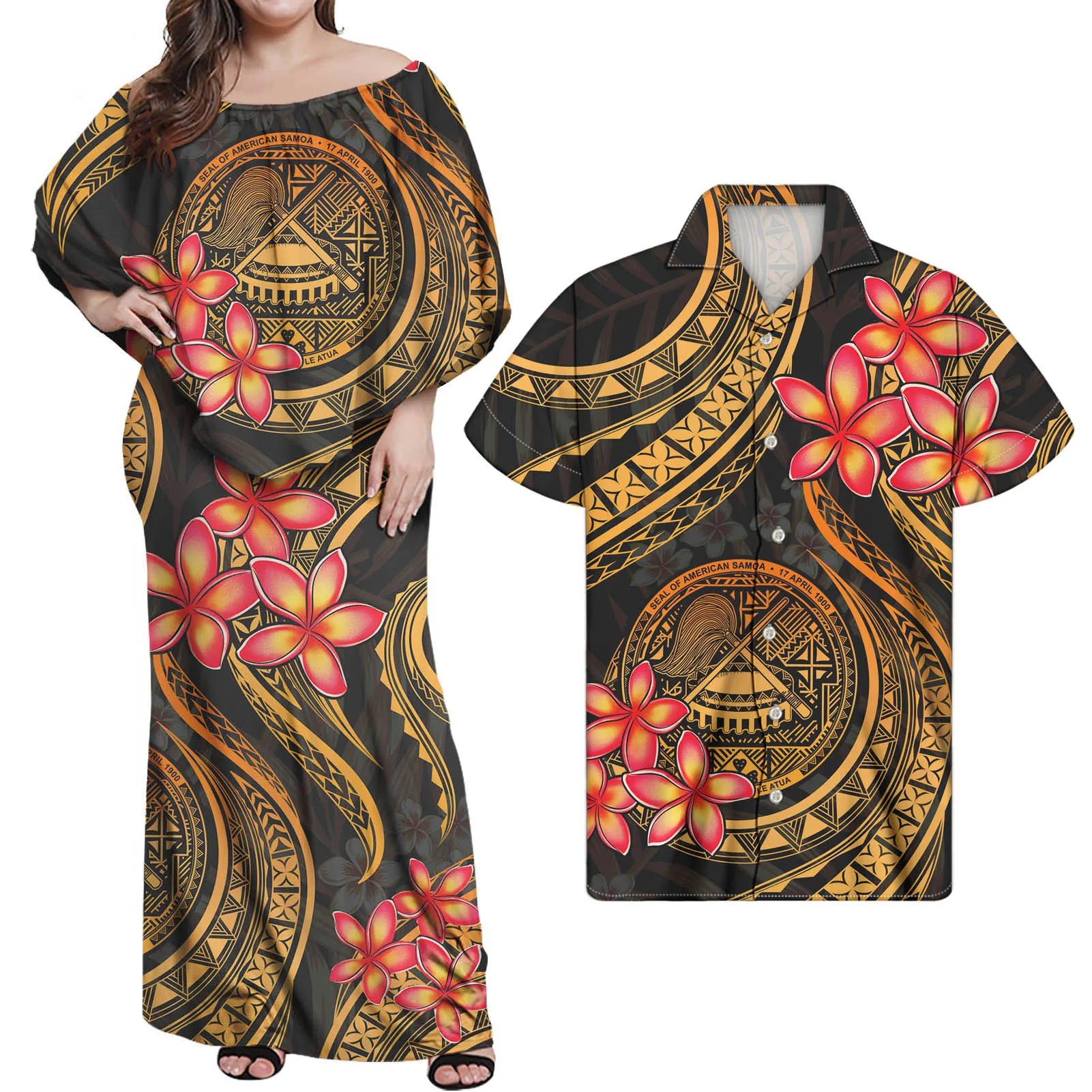 

HYCOOL Golden Black Polynesian Tribal Print Off Shoulder Ankle-Length Dresses Men’s Button Down Shirt Couple Matching Clothing