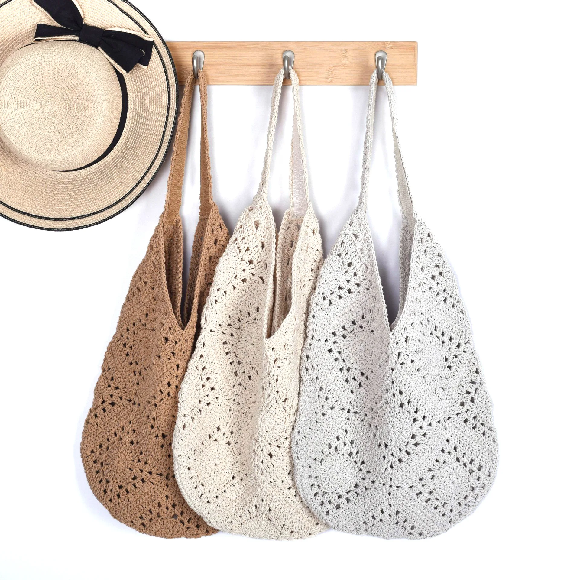 Casual Knitted Women Shoulder Bags Crochet Granny Square Large Tote Bag Behemian Summer Beach Bags Big Shopper Purses Vacation