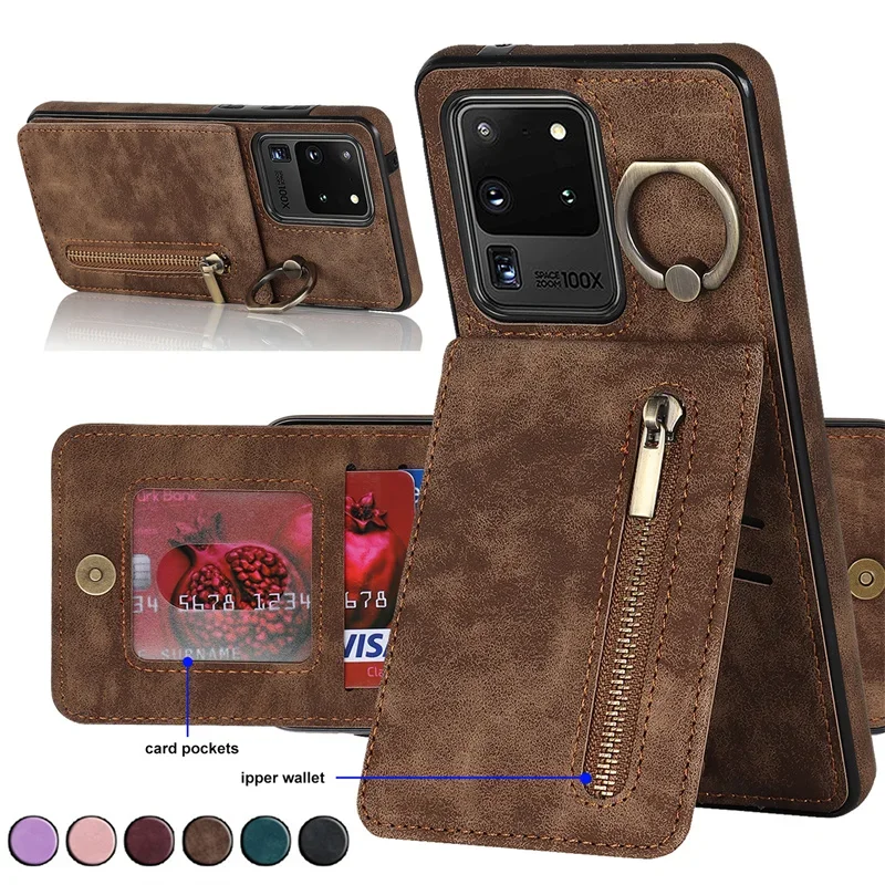 

Ring Leather Zipper Wallet Card Phone Case For Samsung S24 Ultra S23 Plus S22 S21 S20 FE Note 20 10 Purse Flip Stand Cover Coque