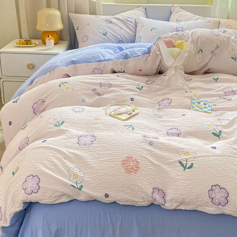 Cartoon Cat Panda Bedding Set INS Korean Flower Duvet Cover Pillowcase Sheet Cute Bedclothes for Kids Boys Girls Bed Linen 5