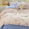 Cartoon Cat Panda Bedding Set INS Korean Flower Duvet Cover Pillowcase Sheet Cute Bedclothes for Kids Boys Girls Bed Linen 5