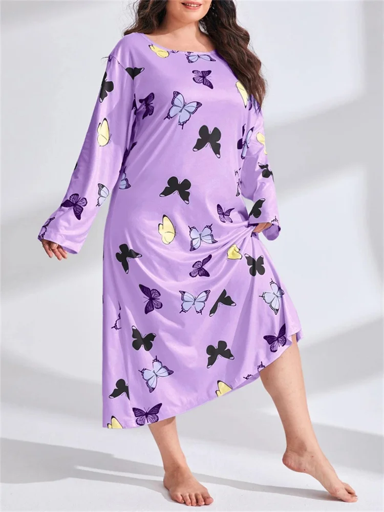 Spring Summer Women's Oversized Pajamas Dresses Long Sleeve Butterfly Heart Leopard Print Nightgown