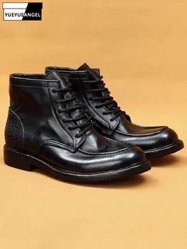 England Style Fashion Genuine Leather Solid Color Round Ankle Boot Top Quality Male Youth Trend Handmade Cowhide Lace-Up Boots