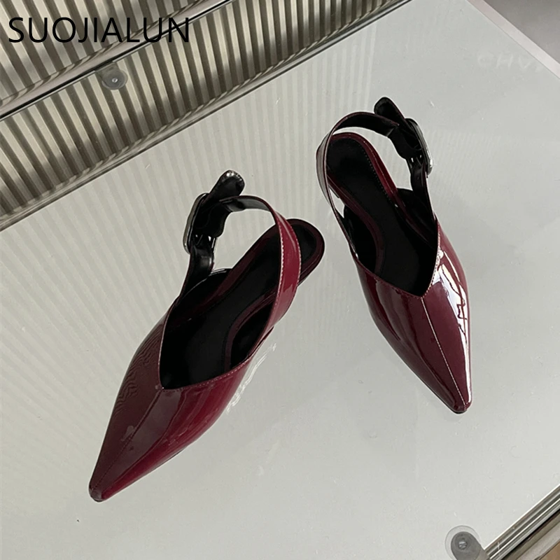 SUOJIALUN New Brand Women Sandal Fashion Pointed Toe Shallow Slip On Slingback Shoes Soft Flat Heel Outdoor Dress Mules Sho
